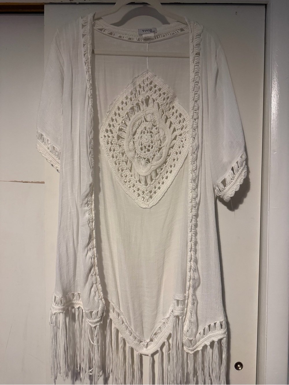 ViVi White Crochet Fringe Kimono Cover-Up
